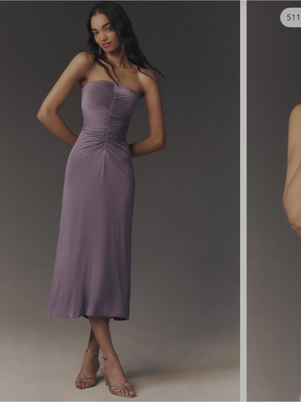 Anthropologie Strapless Ruched Midi Dress in Lavender Purple